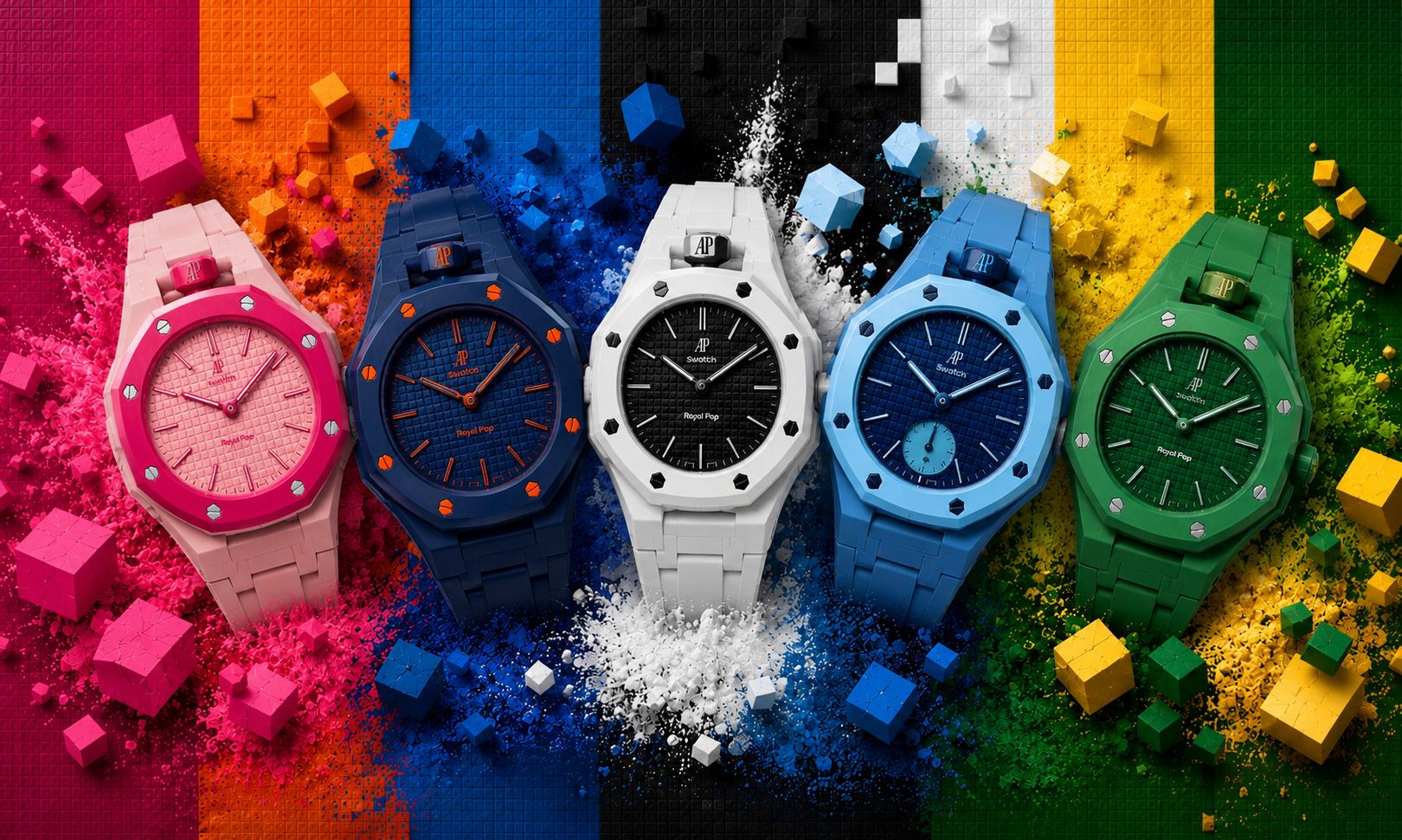 Collection POP STRAPS — 5 montres Swatch × Audemars Piguet colorées